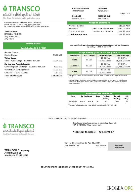 Modèle de facture de services publics pour les entreprises de distribution d'électricité des Émirats arabes unis à Abu Dhabi aux formats Word et PDF